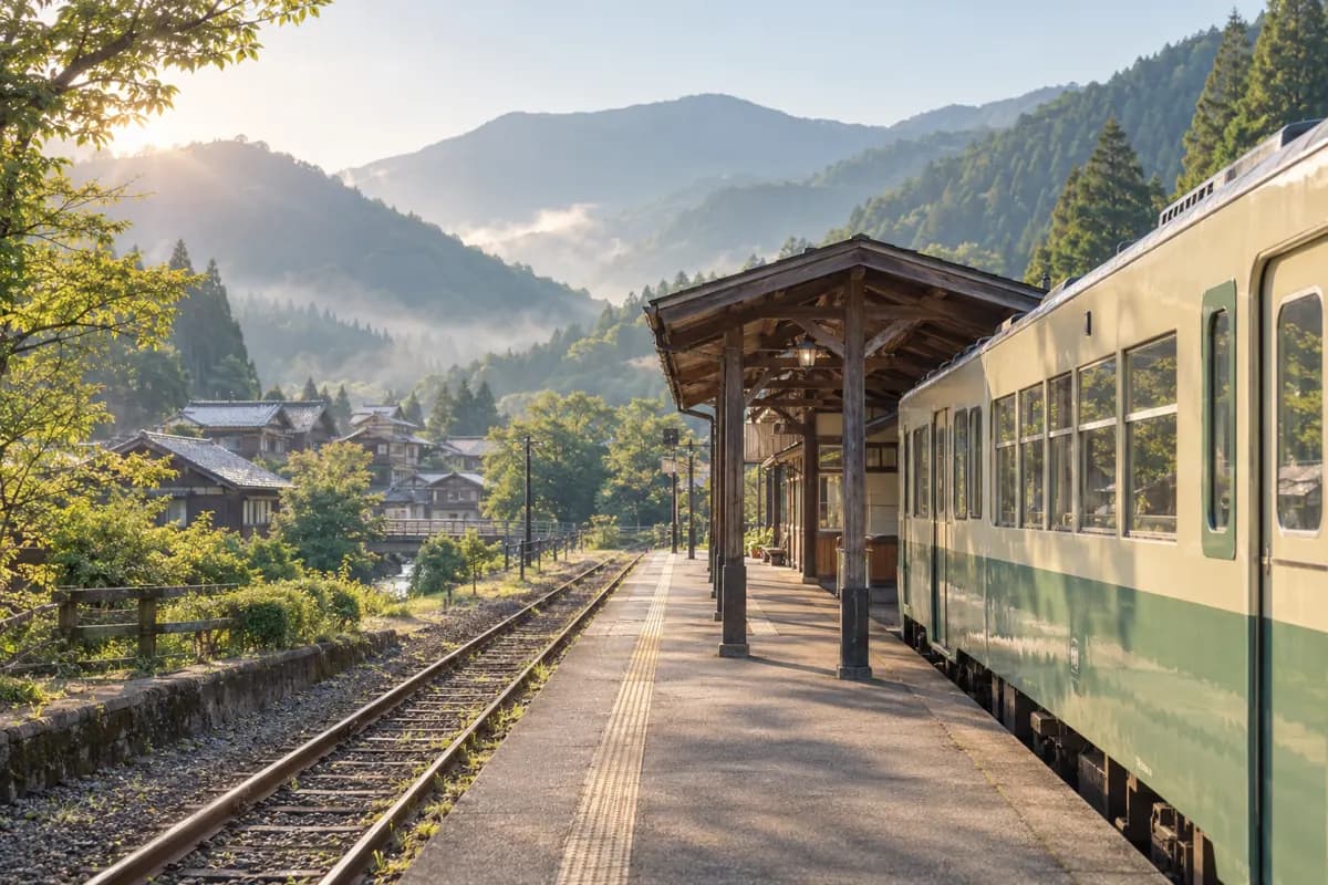 山あいの温泉街にある、緑とクリーム色の電車と木造のホームのイメージ
