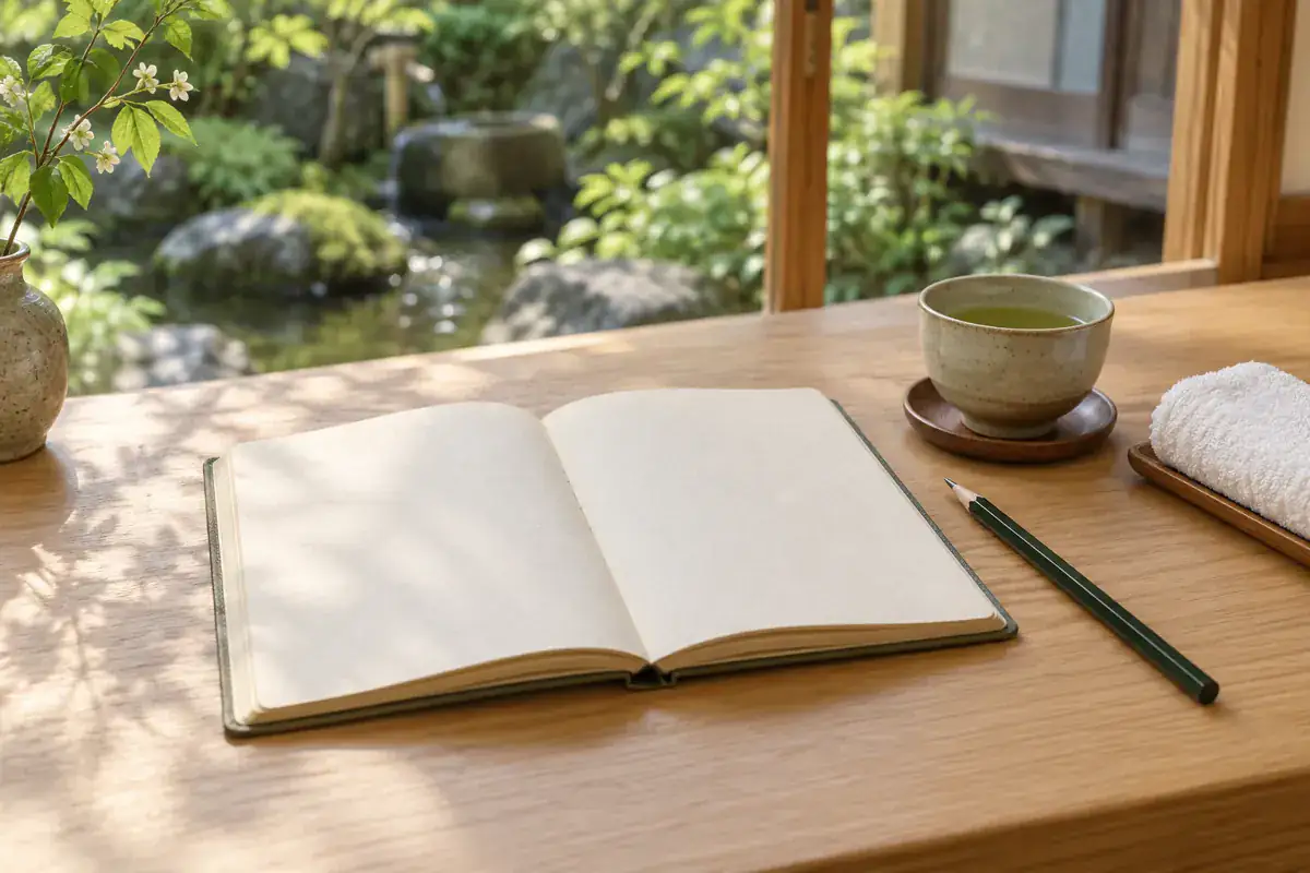 庭を望む木の机に置かれた無地のノートと鉛筆、お茶のイメージ