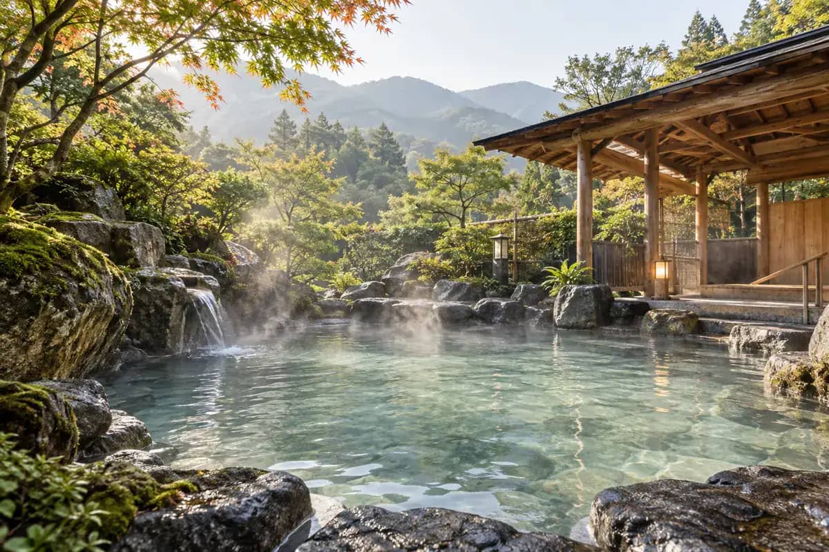 木造の東屋と緑に囲まれた、湯気の立つ露天風呂のイメージ