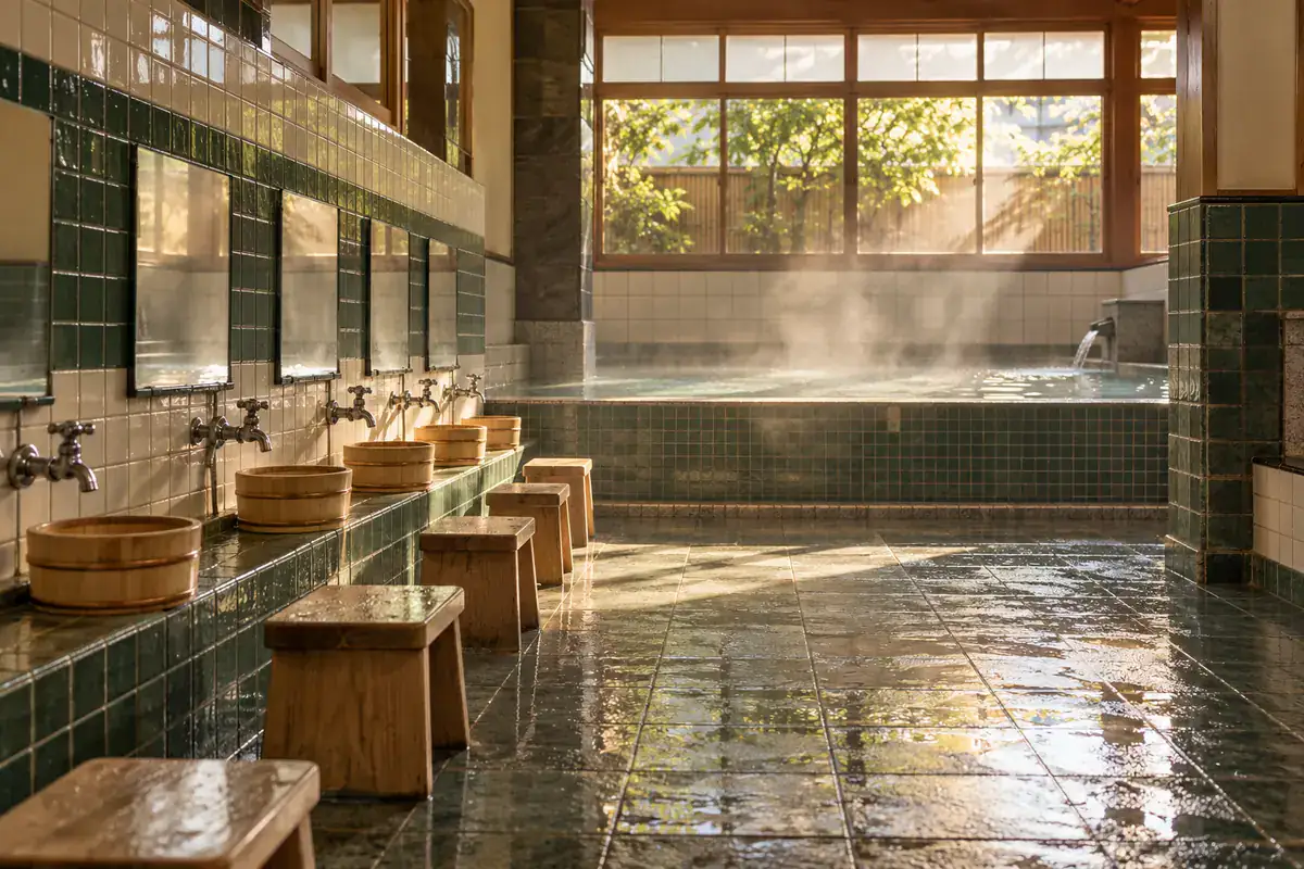 Wooden stools and buckets lined up in a sento washing area