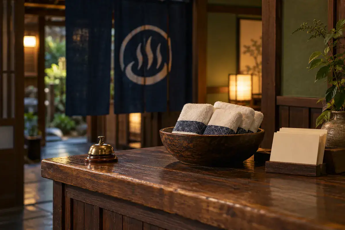 A wooden bathhouse front desk with rental towels and an indigo noren