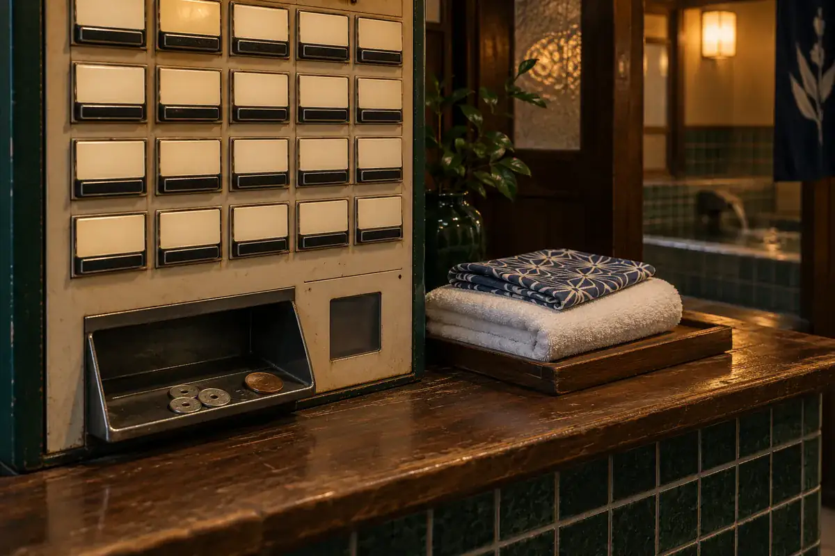 Bathhouse ticket machine buttons, a coin tray and a rental towel set