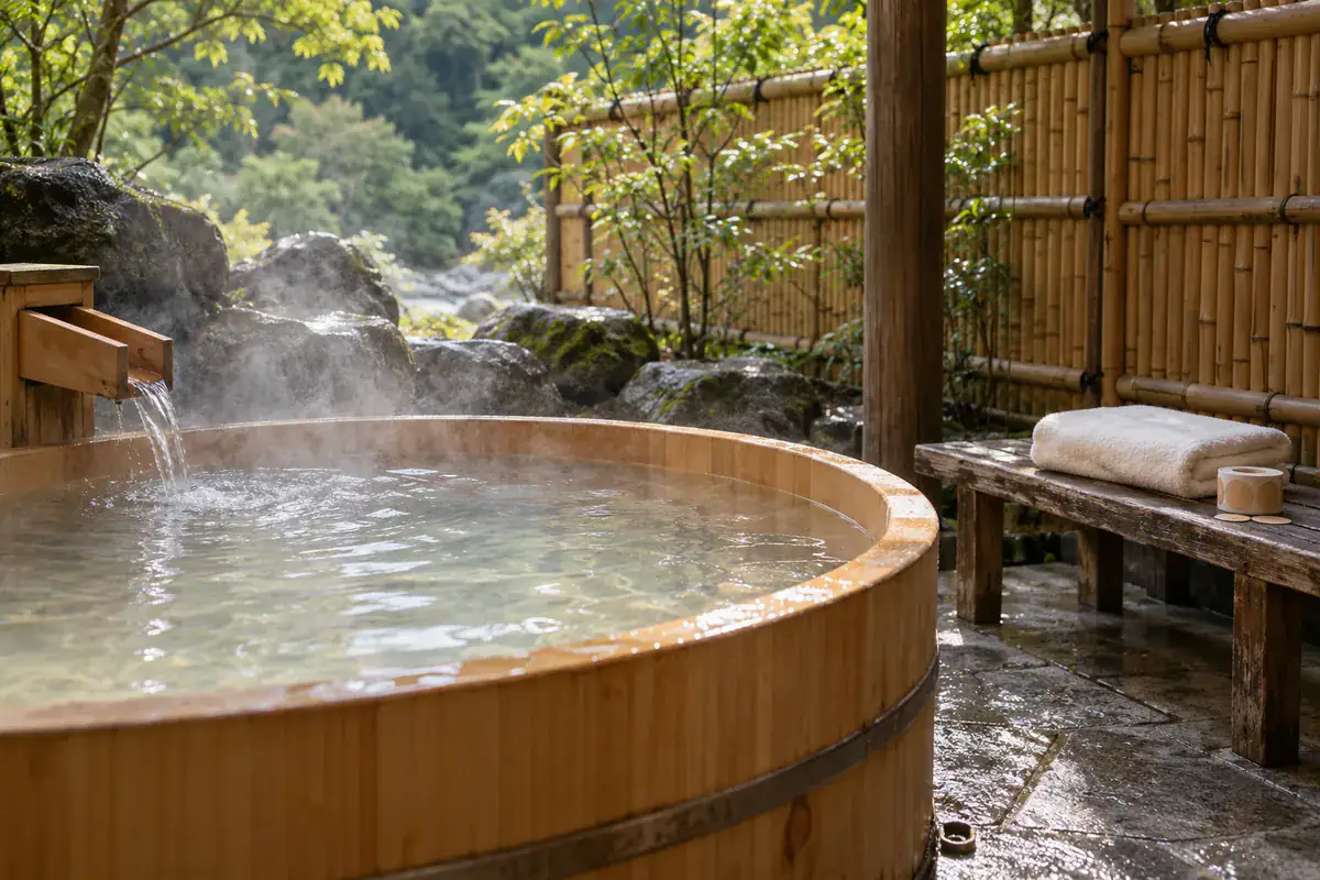 A cypress tub in a bamboo-fenced outdoor bath with a towel on the bench