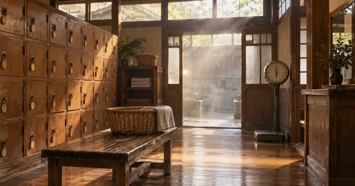 Sento changing room with wooden lockers