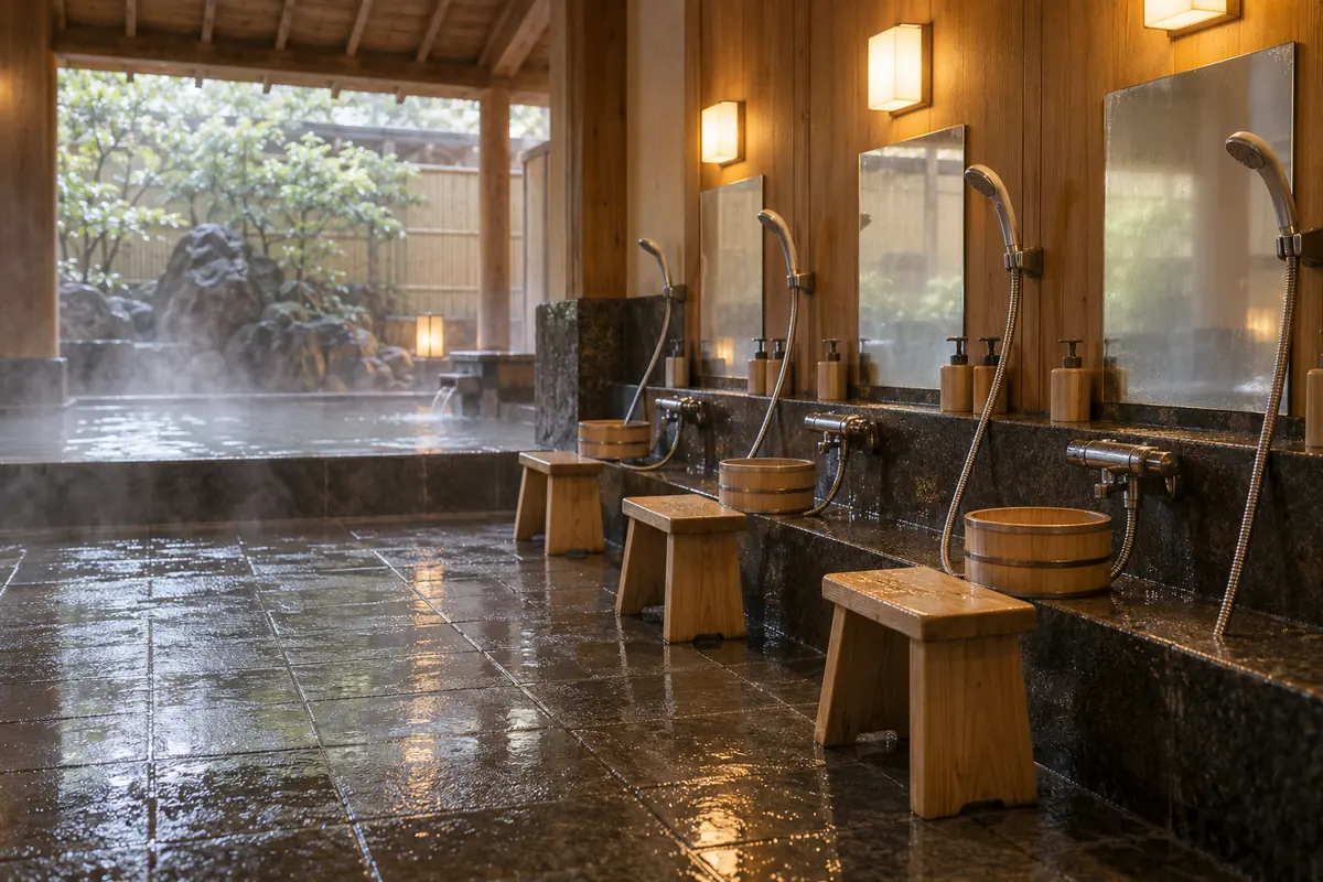Washing area with stools, buckets and showers