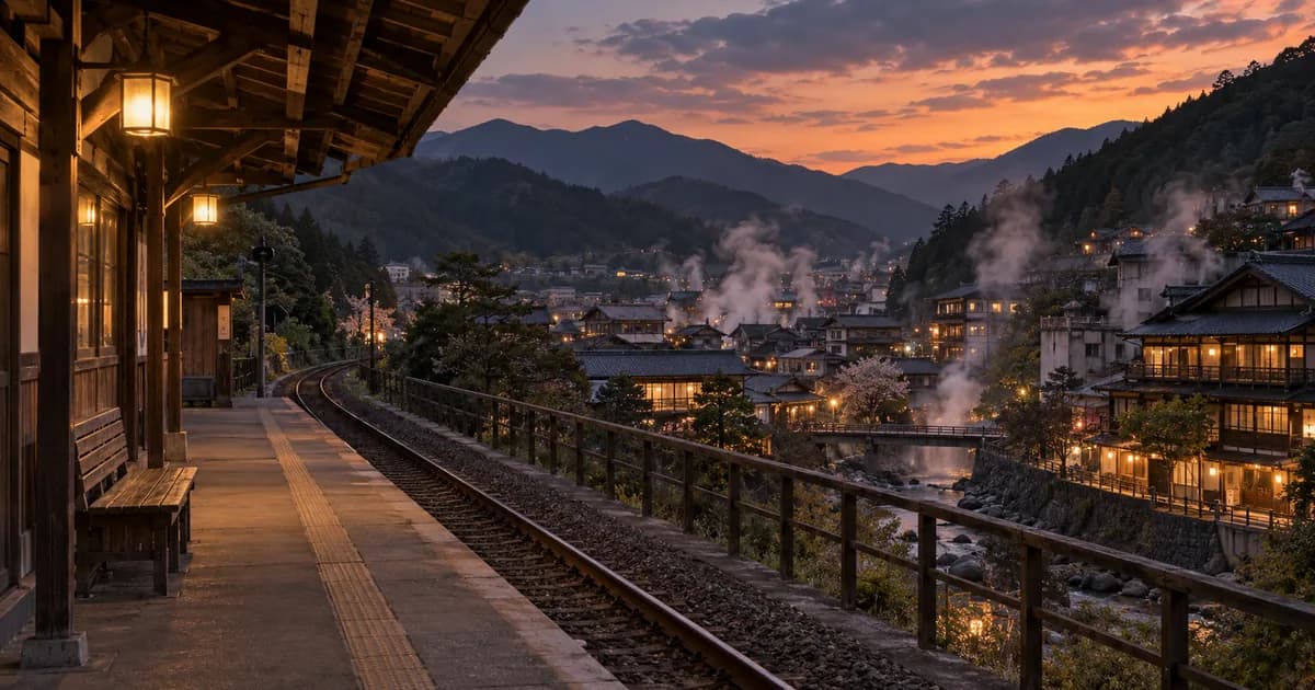 駅のホームと夕暮れの温泉街