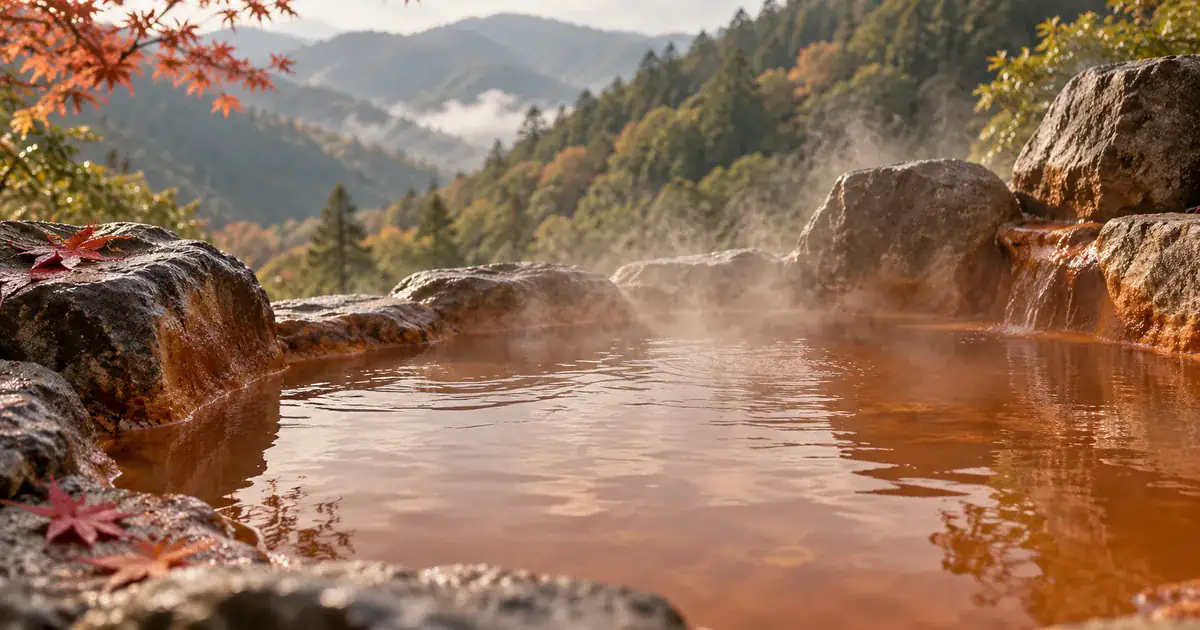 赤褐色の湯がたまった岩風呂と紅葉