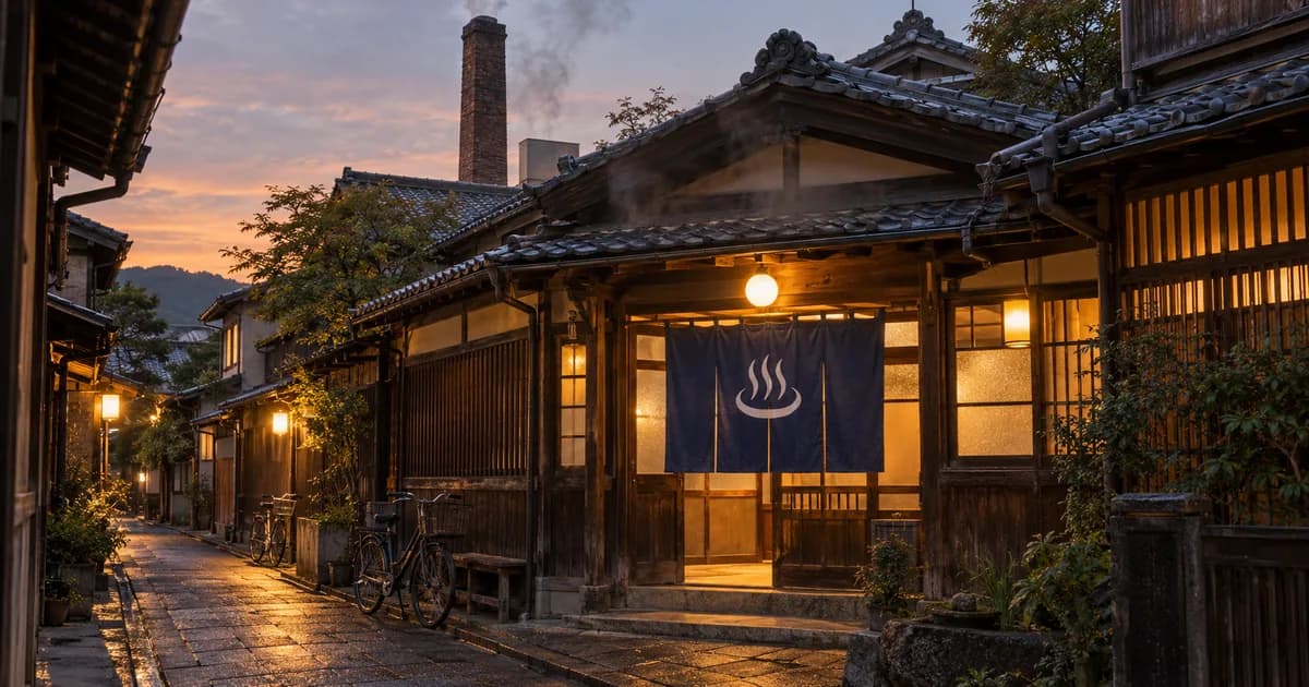京都の町家の通りにある銭湯ののれん