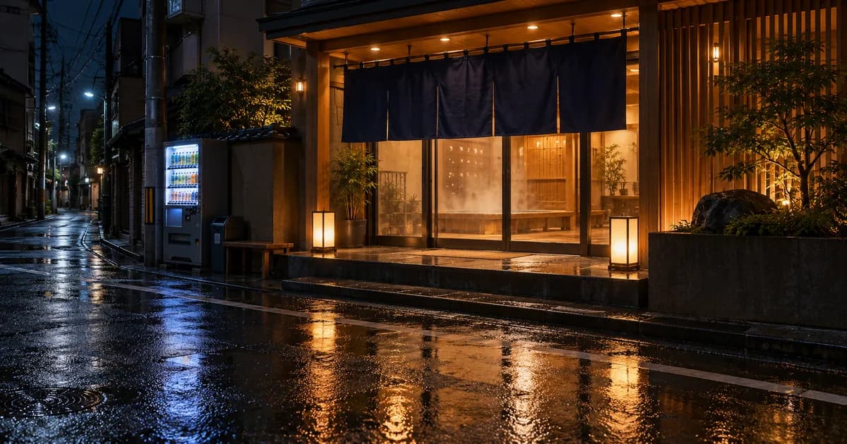 夜遅くまで灯りがともるスーパー銭湯の入り口