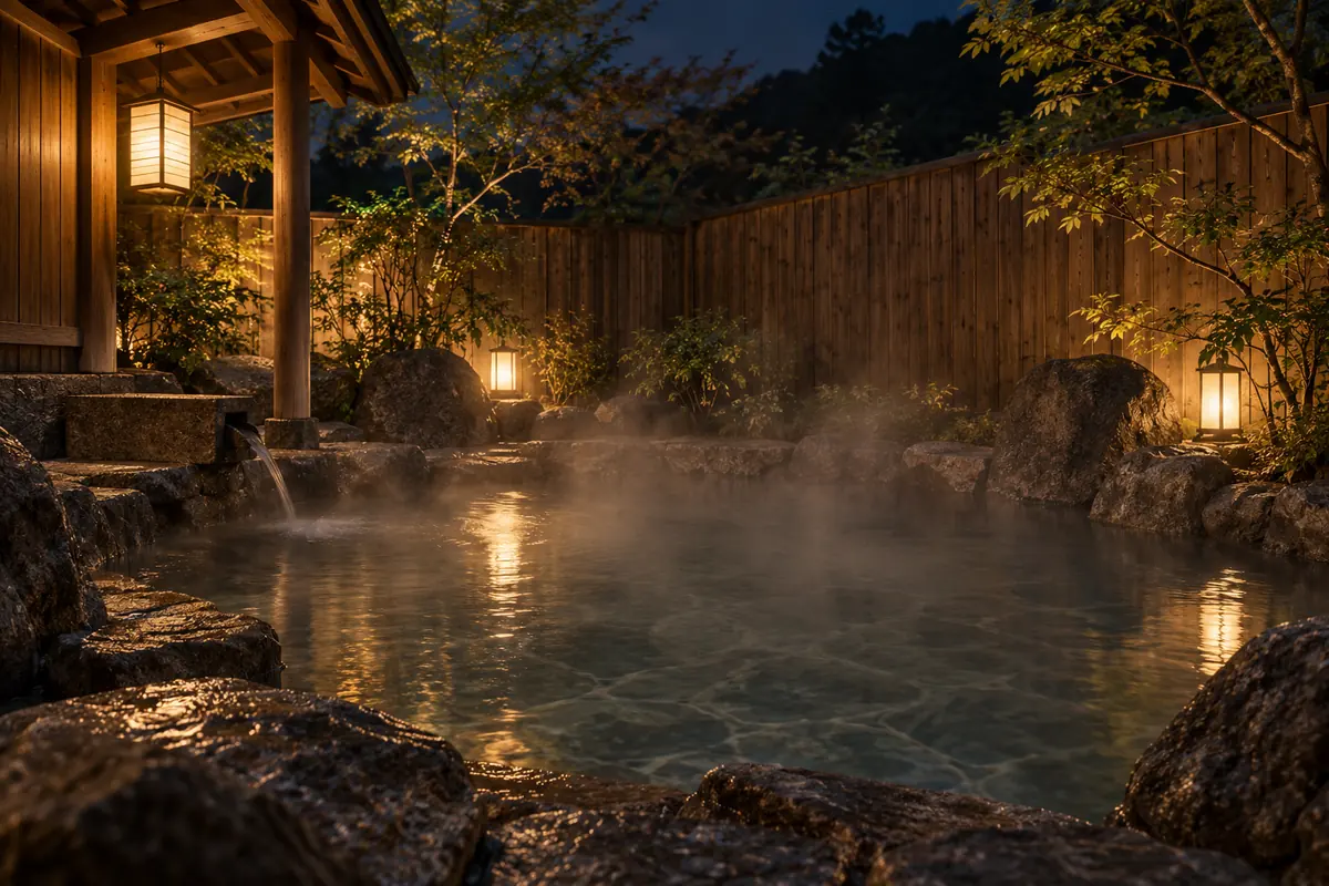 石で囲まれた露天風呂と夜の灯り