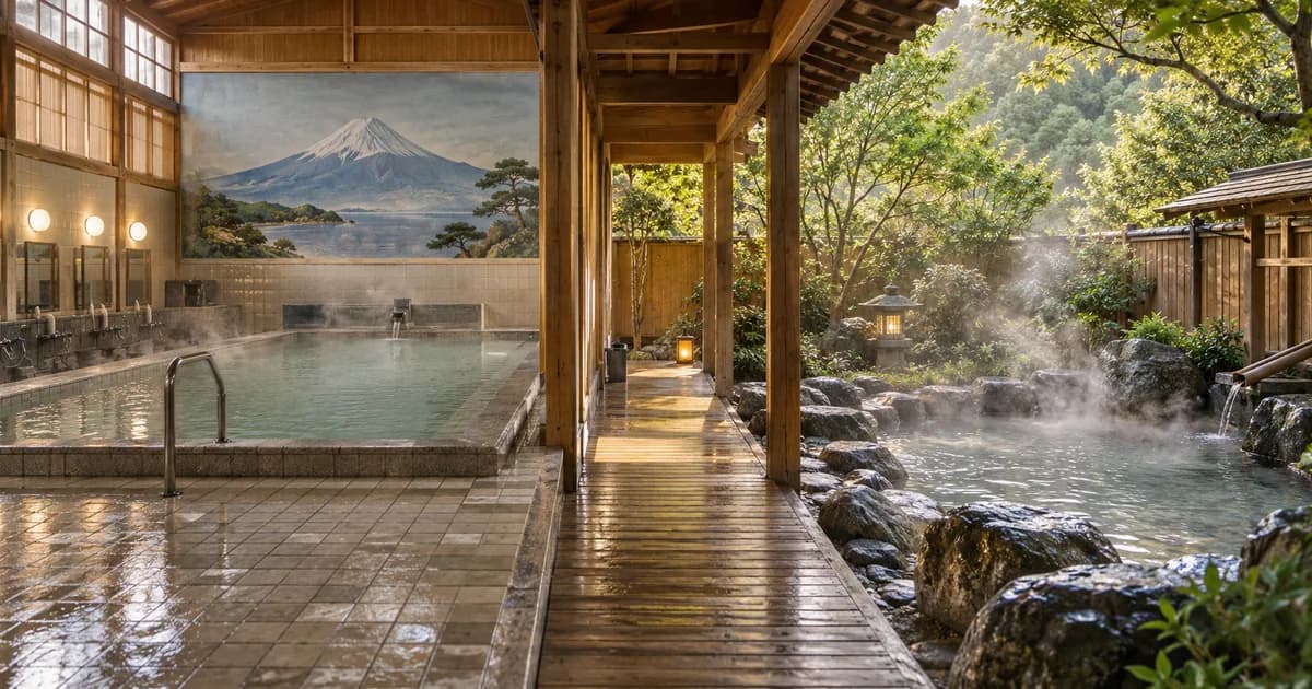 銭湯の浴室と露天風呂を並べたような風景