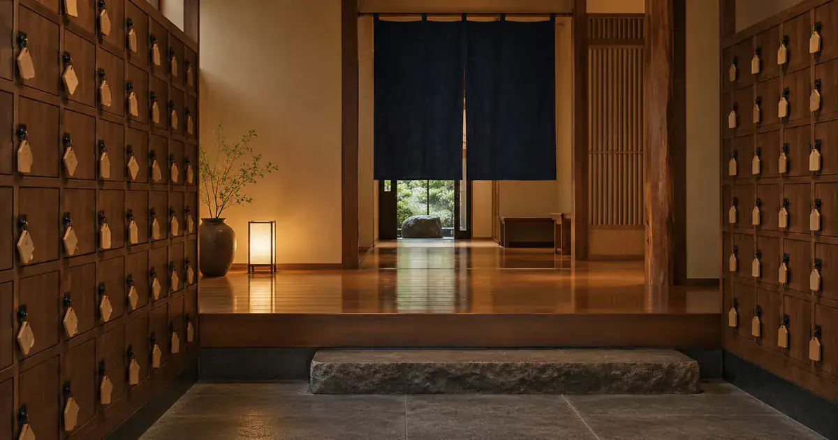 木札の鍵が並ぶ下足箱と奥ののれん