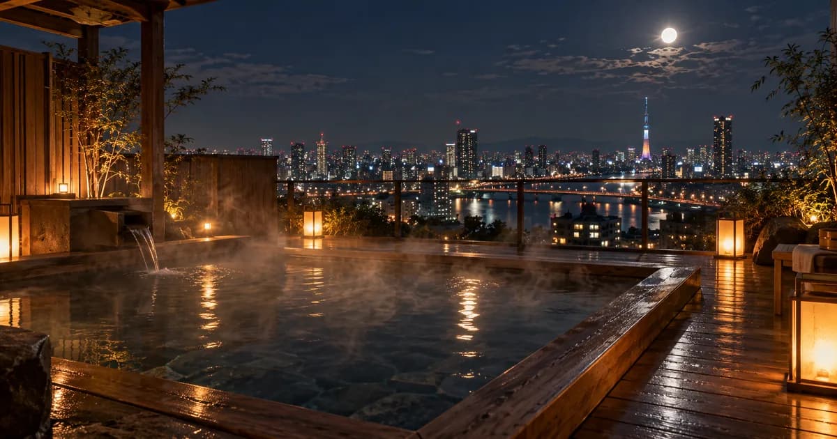 Rooftop open-air bath with a city night view