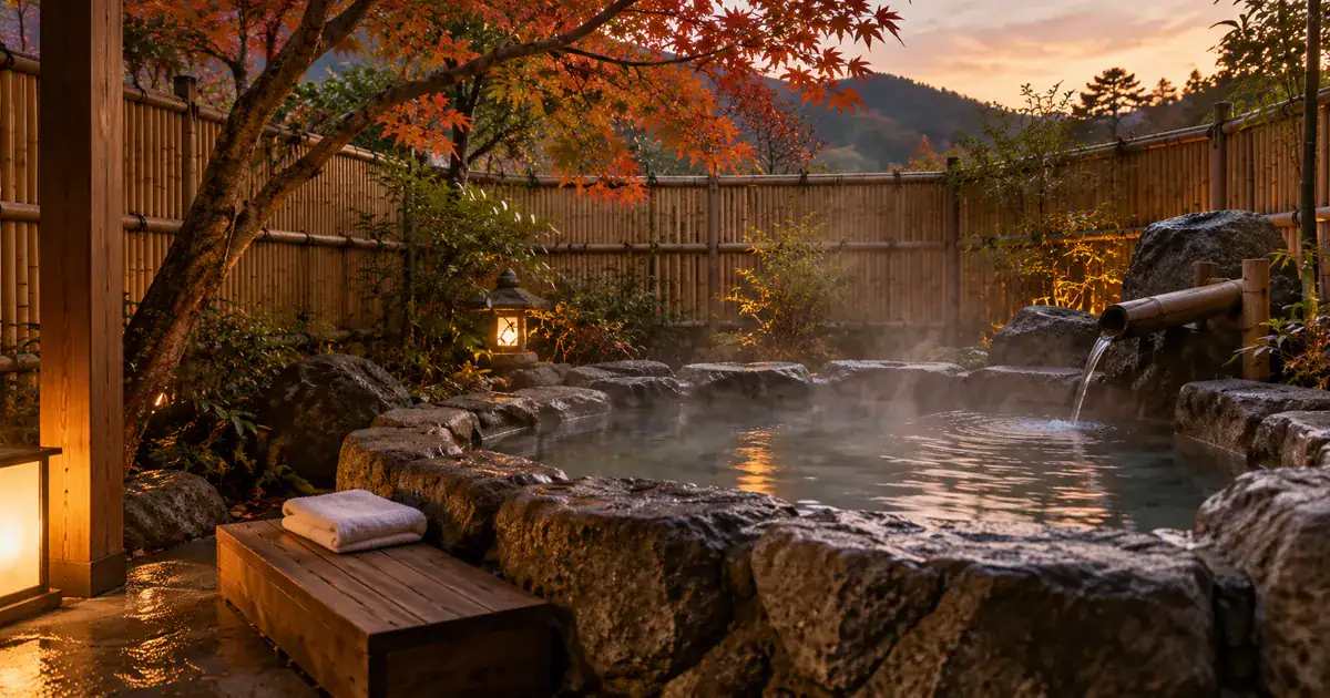 Small private open-air bath behind a bamboo fence