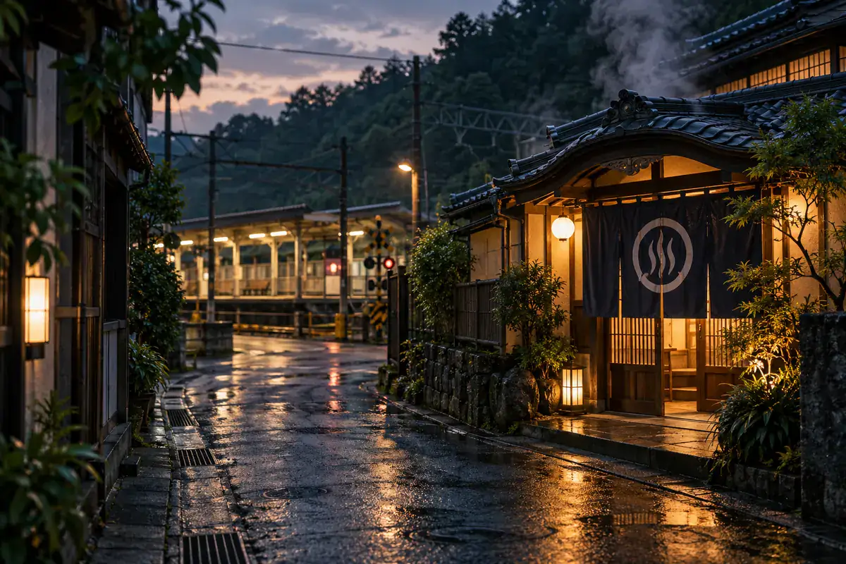 夕暮れの駅前から続く路地と、湯気の上がる銭湯の入口