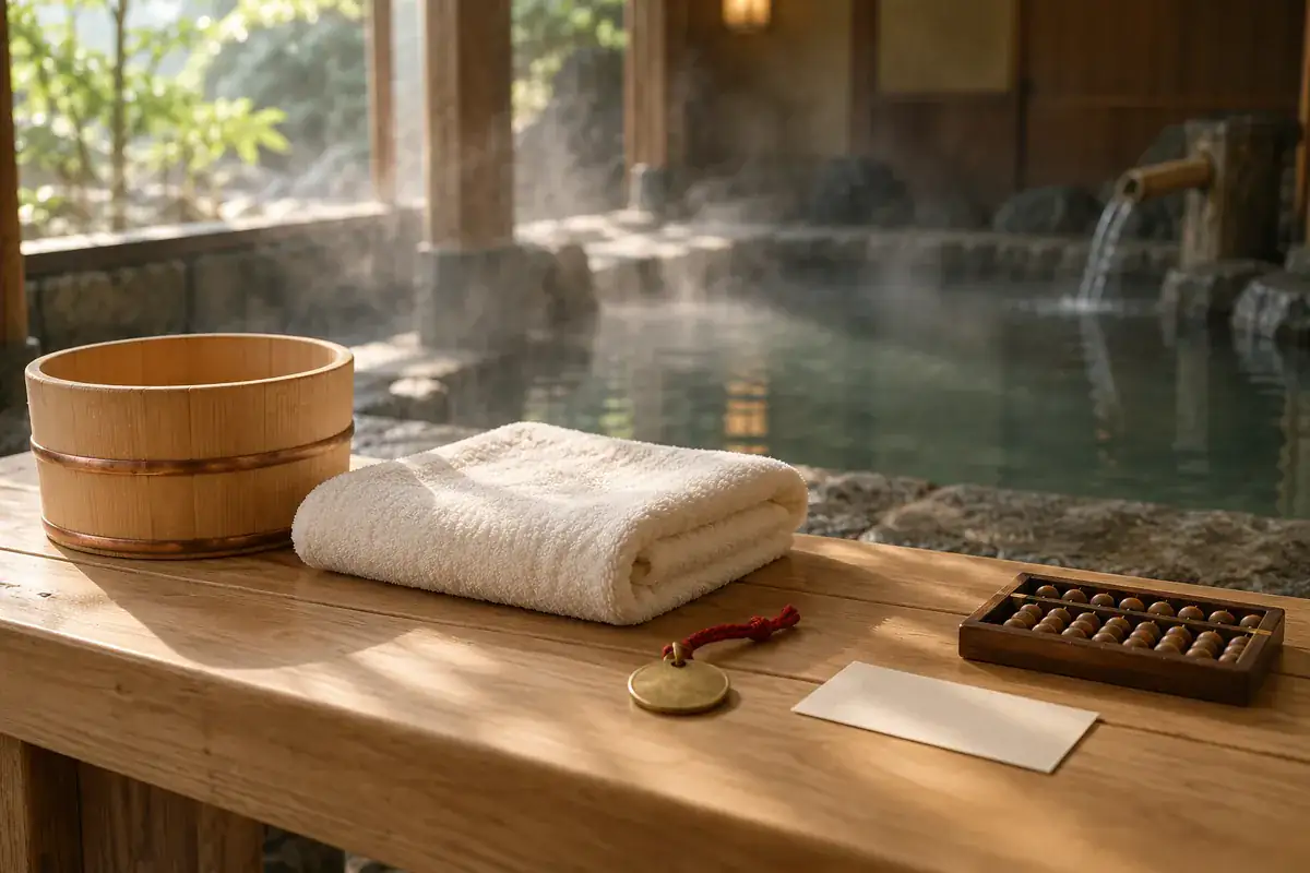 A wooden bath bucket, folded towel, key tag and abacus on a cypress bench