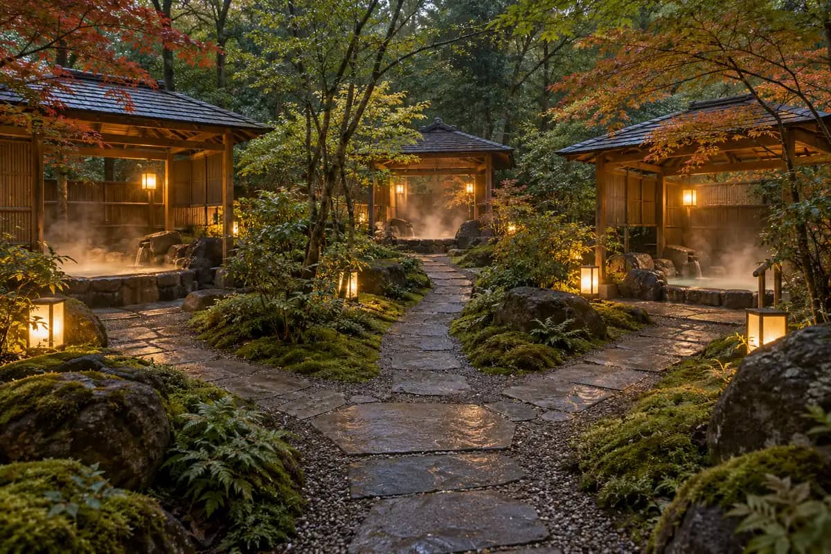 三つの湯小屋へ分かれる石畳の庭の小道と灯籠