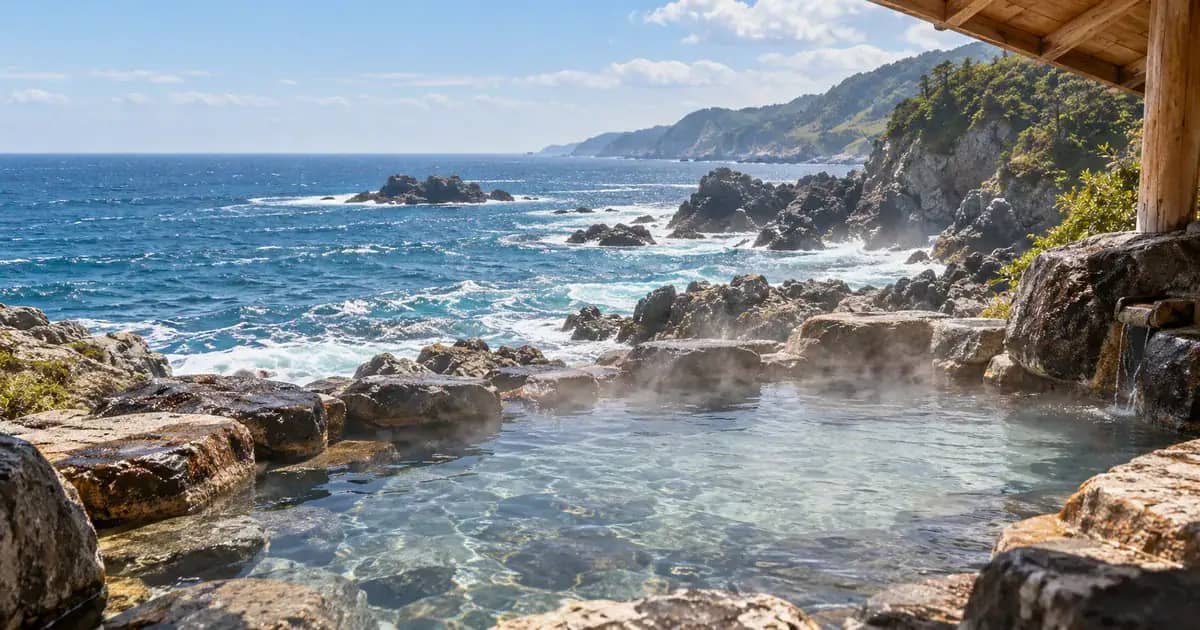 海の近くの岩場にある露天風呂